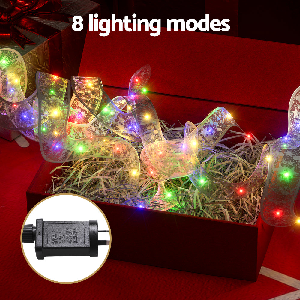 Multicolor LED fairy light ribbon with controller, showing 8 lighting modes