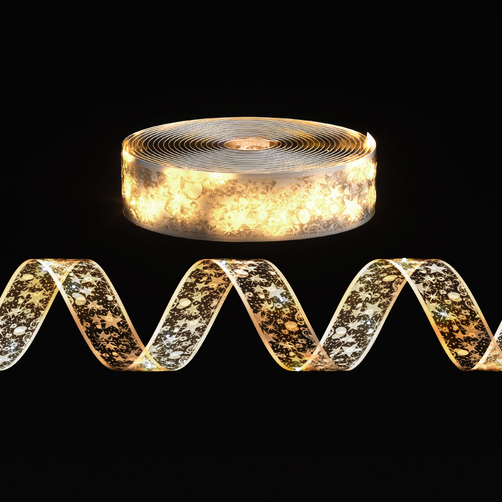 Warm white LED Christmas ribbon light roll with gold star pattern, 20m