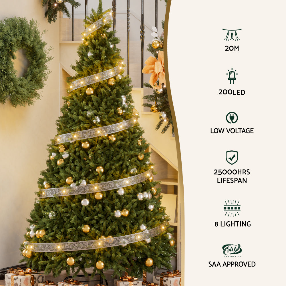 Evergreen Christmas tree decorated with warm white LED ribbon lights