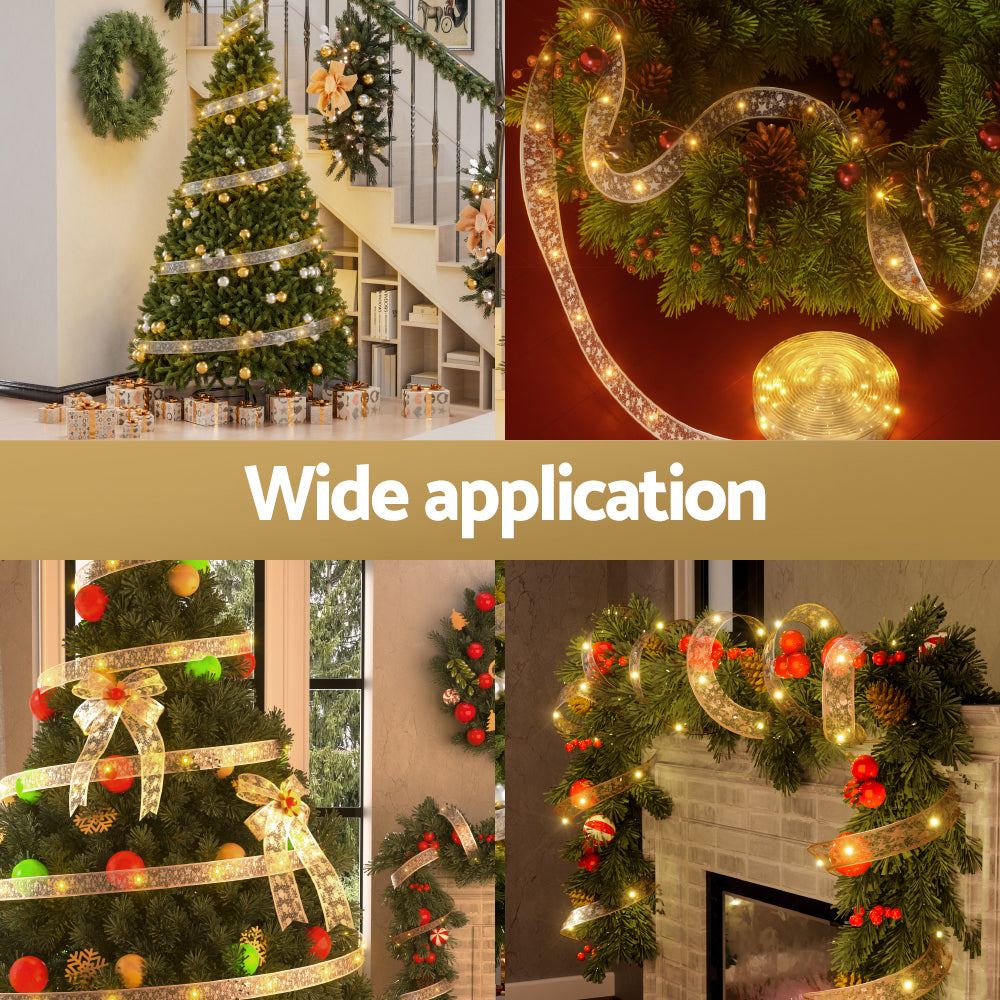 Warm white LED ribbon light garlands and wreaths with gold star fabric trim