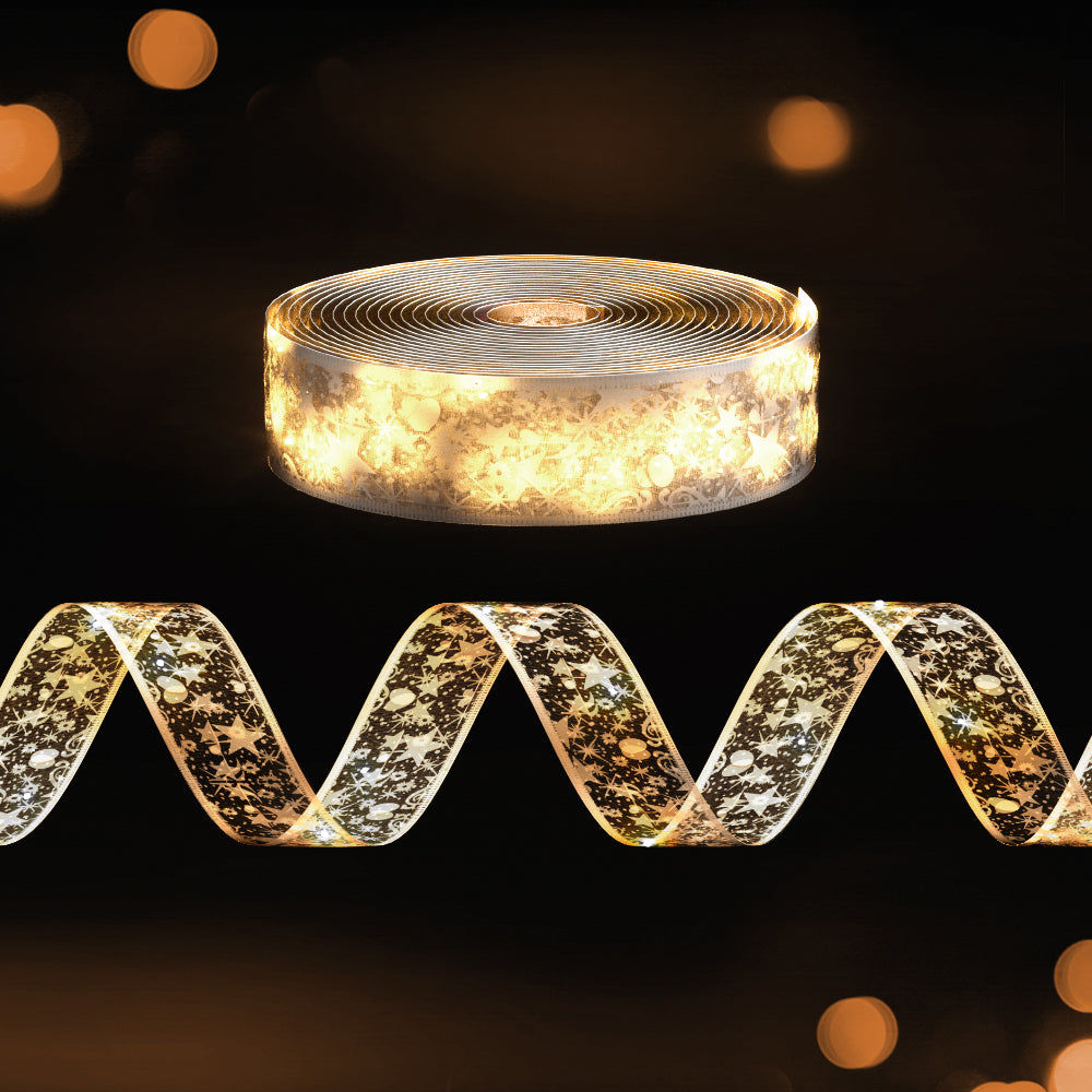 Warm white LED Christmas ribbon light roll, gold star patterned fabric strip