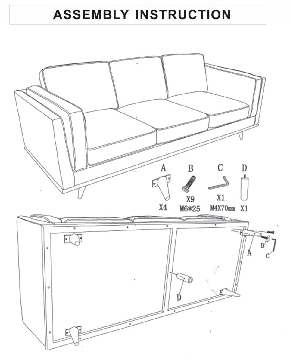 Sofa assembly instruction diagram with labeled hardware and frame panels
