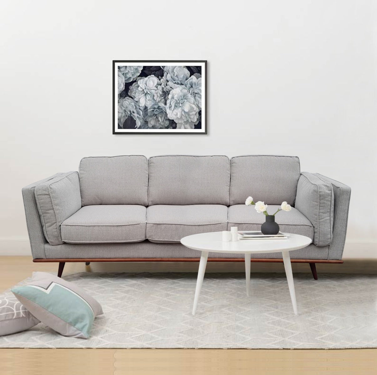 Beige fabric 3-seat sofa with wooden legs and rolled arms