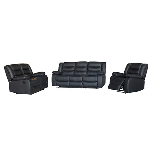 Faux leather recliner sofa set in black, 3-seat center with two separate recliners