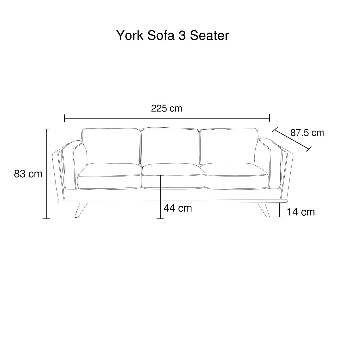 Sofa dimensions diagram showing overall width 225 cm and seat height 44 cm