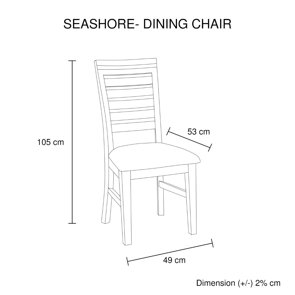 Dining chair size diagram showing 105 cm height, 53 cm depth, 49 cm width
