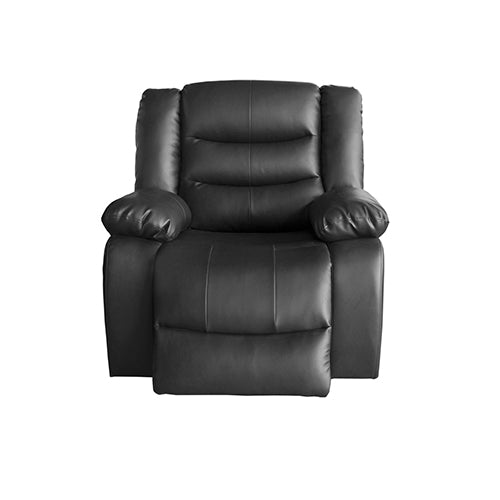 Black faux leather recliner chair with padded headrest and armrests