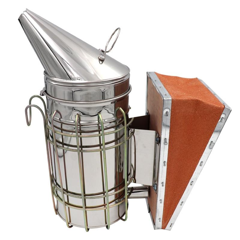 Stainless steel beekeeping smoker with wire cage and hinged orange fuel canister