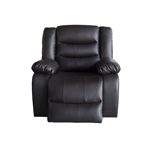 Black faux leather recliner chair with padded headrest and wide armrests