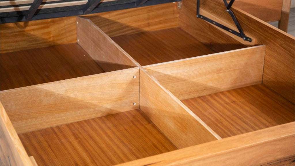 storage compartments in the Atherton Gas Lift Storage Bed Frame Natural Marri Wood