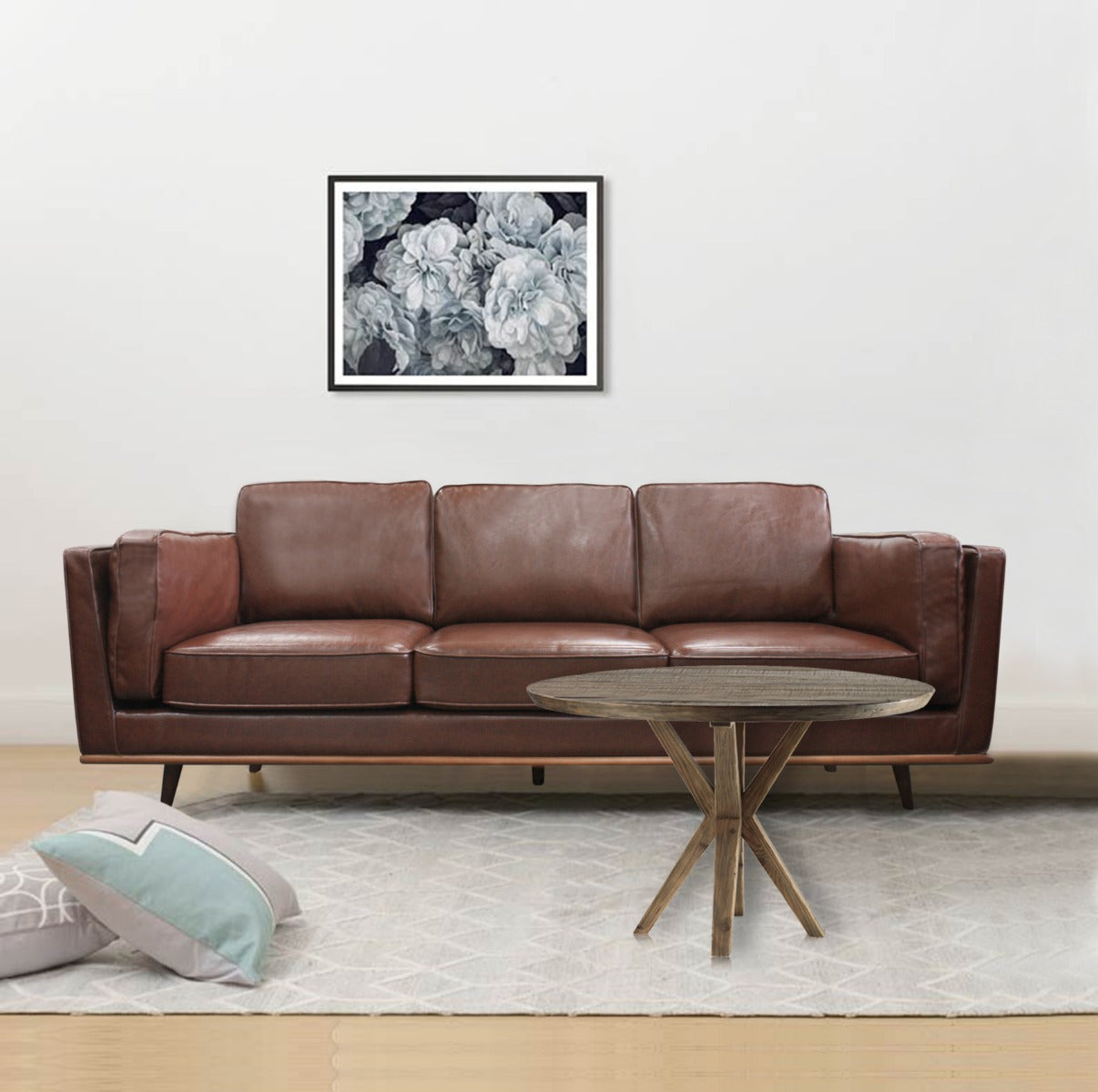 Brown faux leather 3-seat sofa with three back cushions and low wooden legs